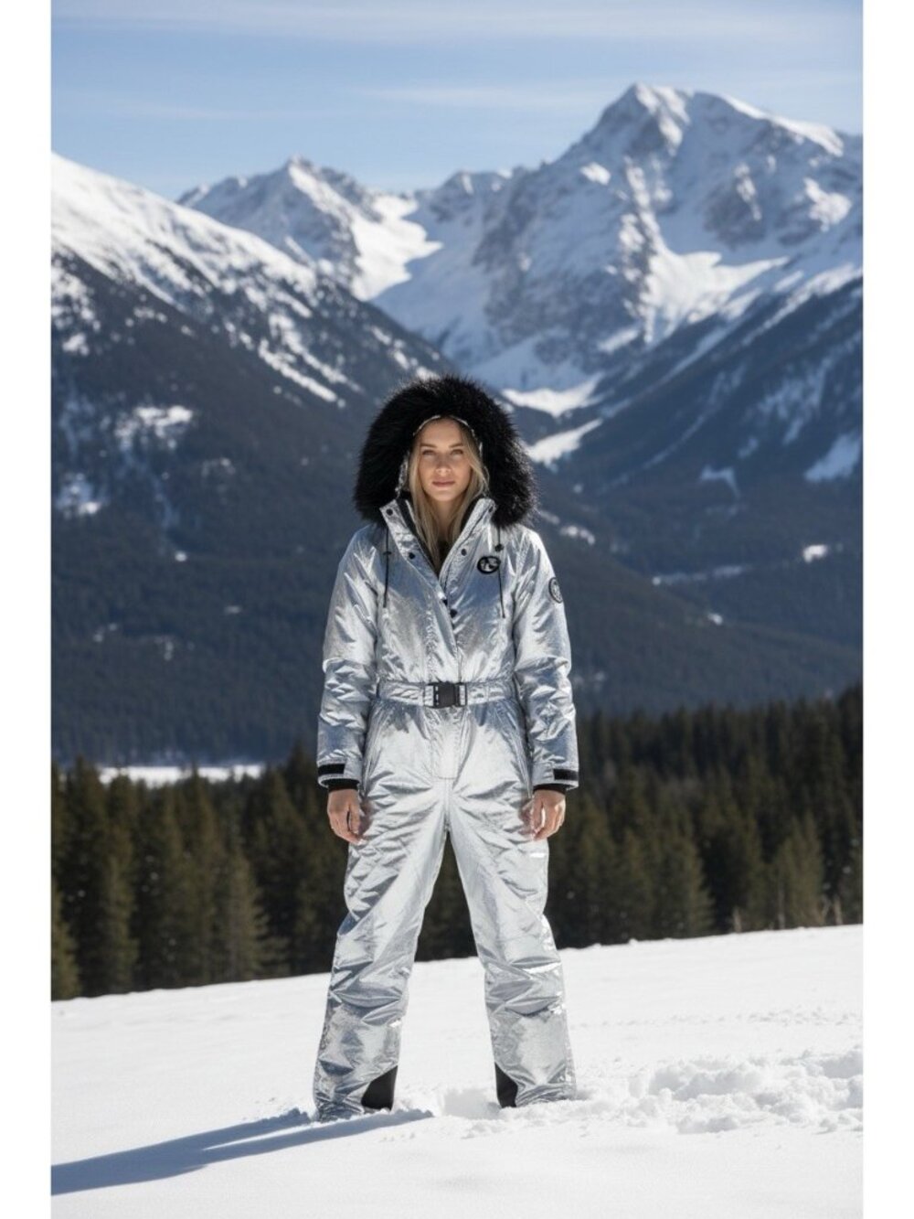 Tipsy Elves Ski Snow Suit Womens Size Large Silver Bullet Black Faux Fur Trim
